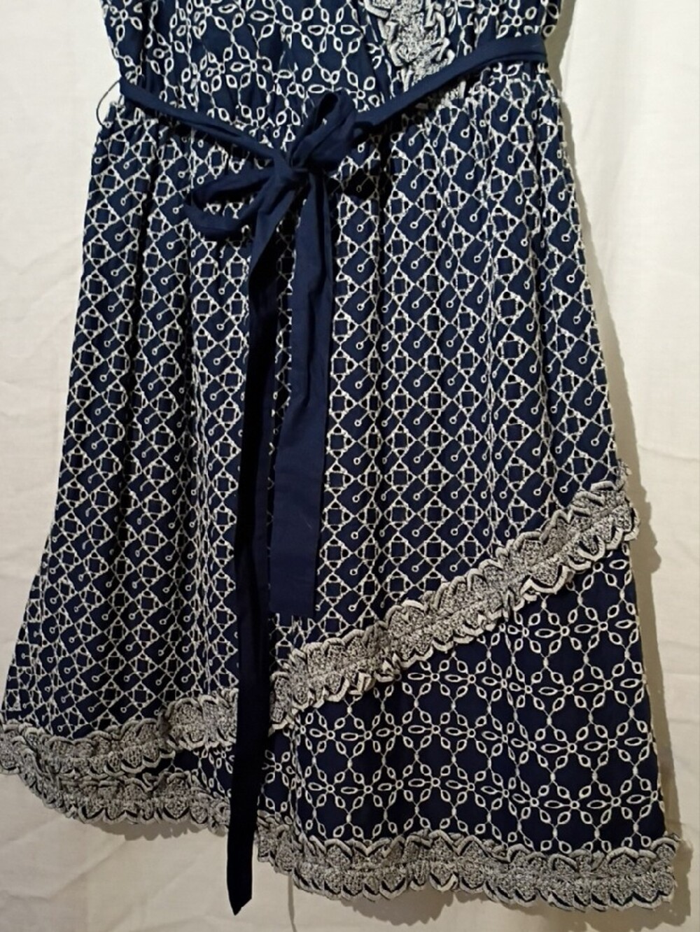 Express Navy Cotton Wrap Midi Dress with White Lace Trim, Sz 4, NWOT - Picture 6 of 16